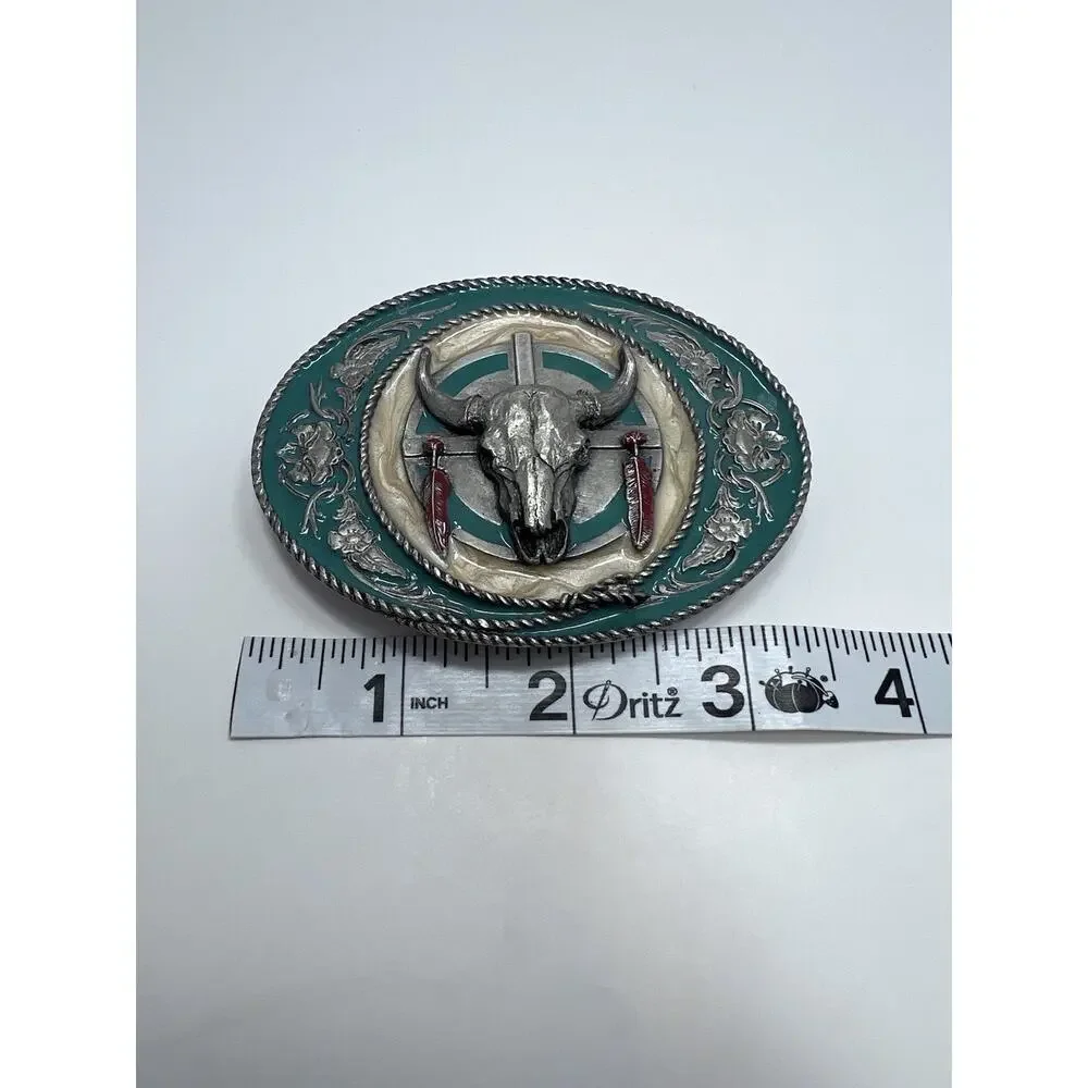 Siskiyou Vintage 1991 Pewter & Enamel Buffalo Skull Feathers Floral Belt Buckle